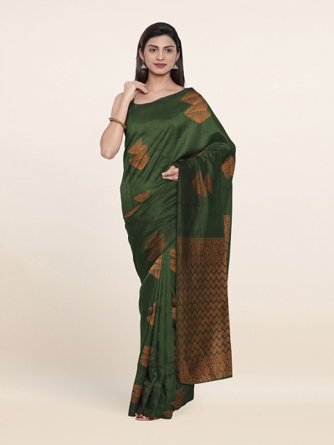 

Pothys Green & Gold-Toned Geometric Woven Design Silk Cotton Saree