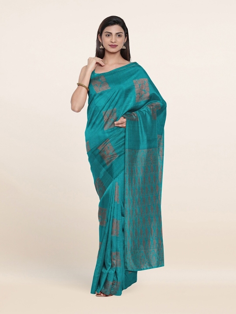 

Pothys Teal Green & Gold-Toned Ethnic Motifs Zari Silk Cotton Saree