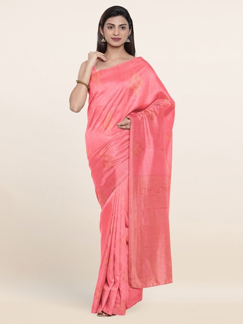 

Pothys Peach-Coloured & Gold-Toned Woven Design Silk Cotton Saree