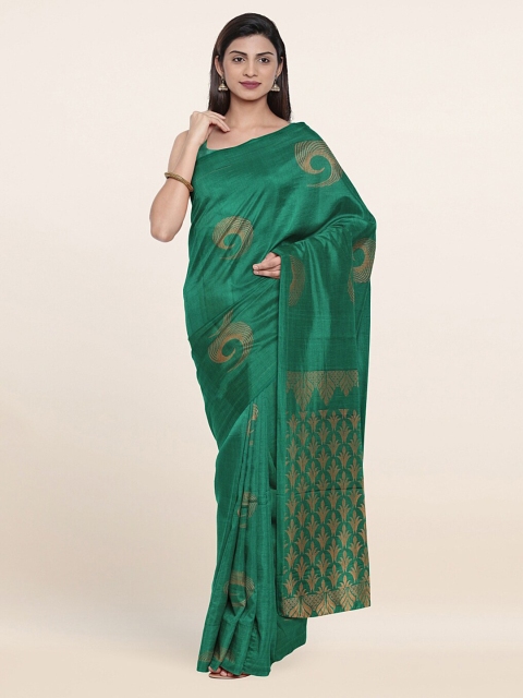 

Pothys Green & Gold-Toned Woven Design Zari Silk Cotton Saree