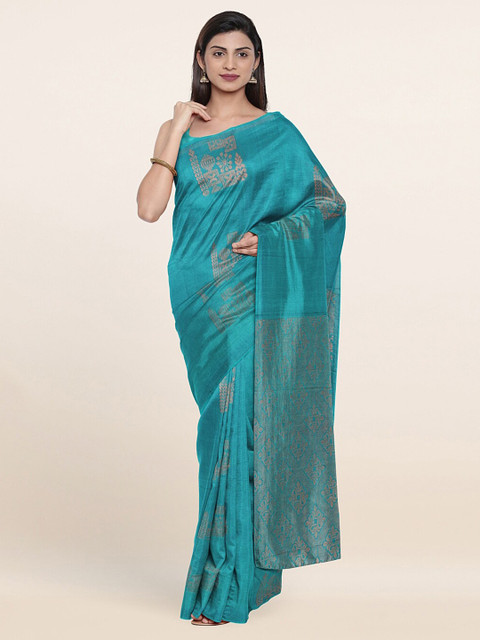 

Pothys Blue & Copper-Toned Woven Design Zari Silk Cotton Saree