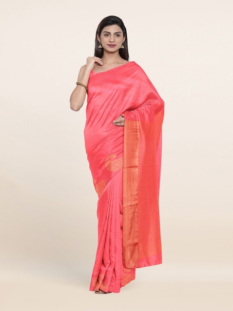 

Pothys Peach & Gold-Toned Paisley Woven Design Silk Cotton Saree