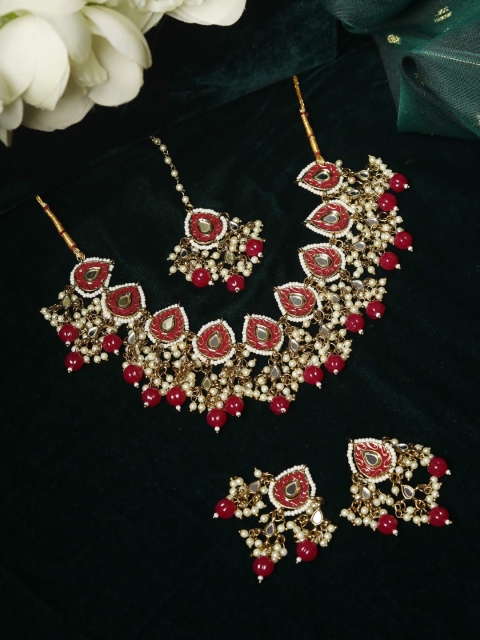 

Priyaasi Gold-Plated Pink & White Mirror Studded Jewellery Set
