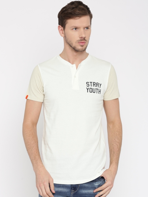 

Jack & Jones Men Off-White Printed Detail Henley Neck T-shirt