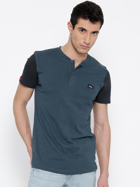 

Jack & Jones Men Blue Printed Back Henley Neck T-shirt