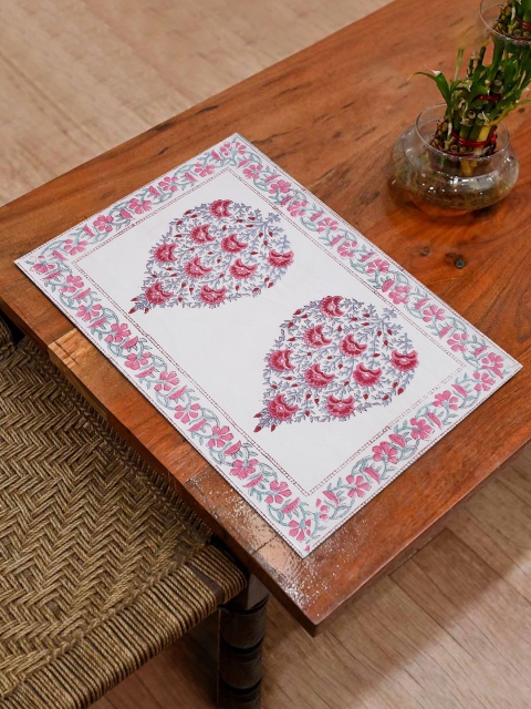 

EK BY EKTA KAPOOR Set Of 2 White & Pink Ethnic Motif Block Printed Pure Cotton Table Placemats