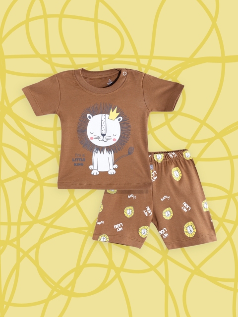 

TINYO Boys Brown & White Pure Cotton Lion Print T-shirt with Shorts