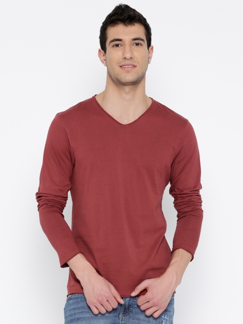 

Jack & Jones Men Maroon Solid V-Neck T-Shirt