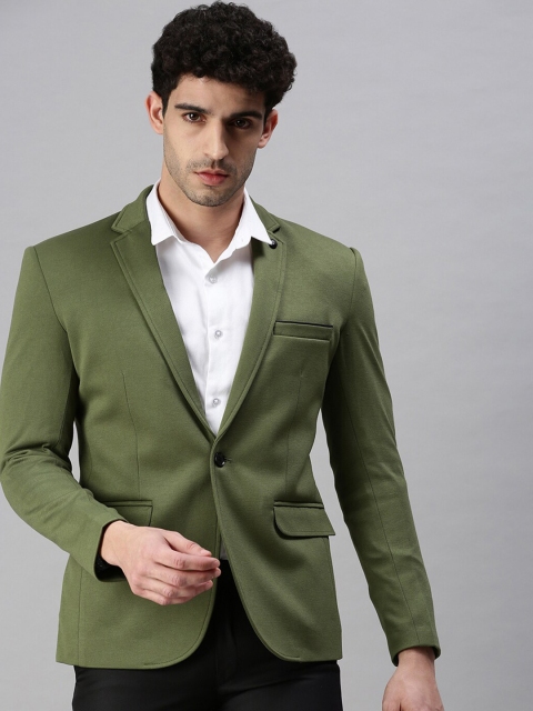 

SHOWOFF Men Olive-Green Solid Single-Breasted Cotton Blend Casual Blazer