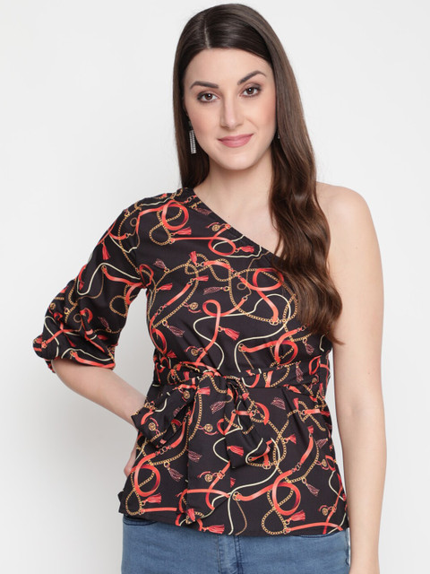 

AKIMIA Black & Red Print One Shoulder Cinched Waist Crepe Top