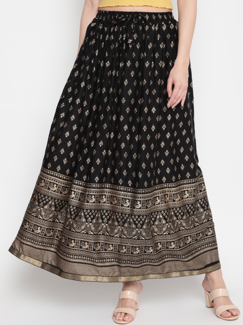

AKIMIA Women Black & Gold-Coloured Printed Flared Maxi Skirt