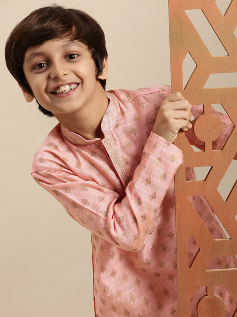 

Sanwara Boys Pink Ethnic Motifs Zari Pastel Art Silk Kurta