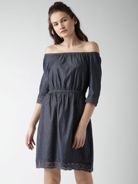 

Mast & Harbour Navy Blue Solid Denim Fit and Flare Dress