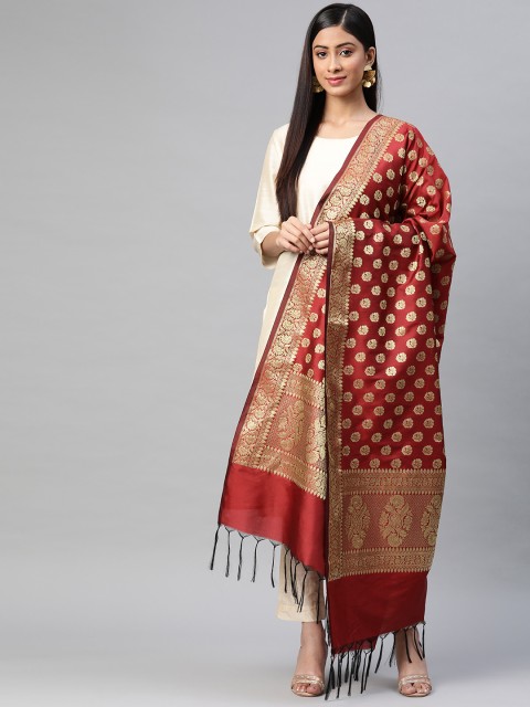 

BharatSthali Maroon & Golden Ethnic Woven Design Banarasi Dupatta with Zari