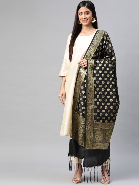 

BharatSthali Black & Golden Ethnic Woven Design Banarasi Dupatta with Zari