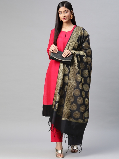 

BharatSthali Black & Golden Ethnic Woven Design Banarasi Dupatta with Zari