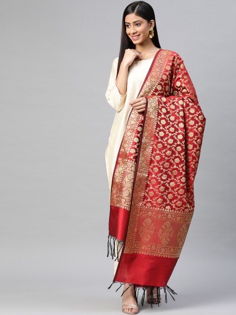 

BharatSthali Maroon & Golden Ethnic Woven Design Banarasi Dupatta with Zari