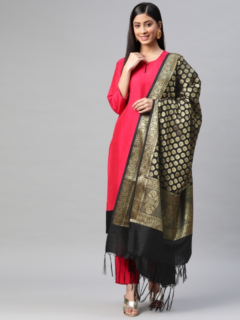 

BharatSthali Black & Golden Ethnic Woven Design Banarasi Dupatta with Zari