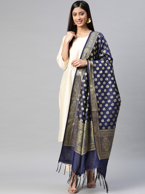 

BharatSthali Navy Blue & Golden Ethnic Motifs Woven Design Cotton Silk Dupatta with Zari