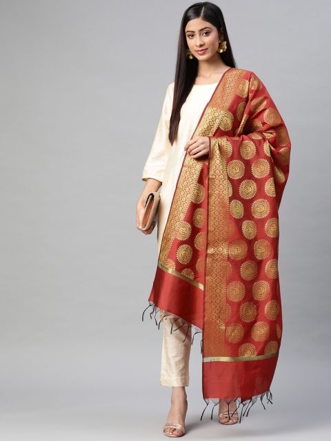 

BharatSthali Red & Golden Ethnic Woven Design Banarasi Dupatta with Zari