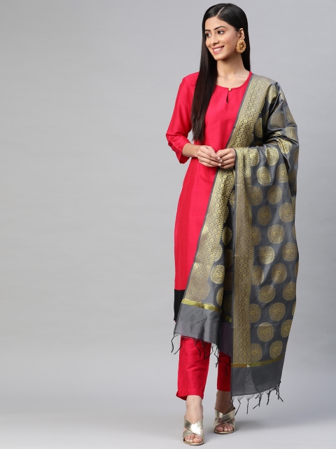 

BharatSthali Grey & Golden Ethnic Woven Design Banarasi Dupatta with Zari