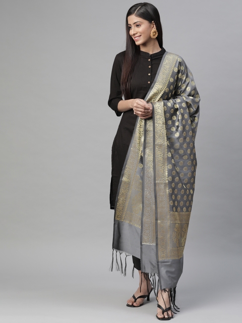 

BharatSthali Grey & Golden Ethnic Woven Design Banarasi Dupatta with Zari