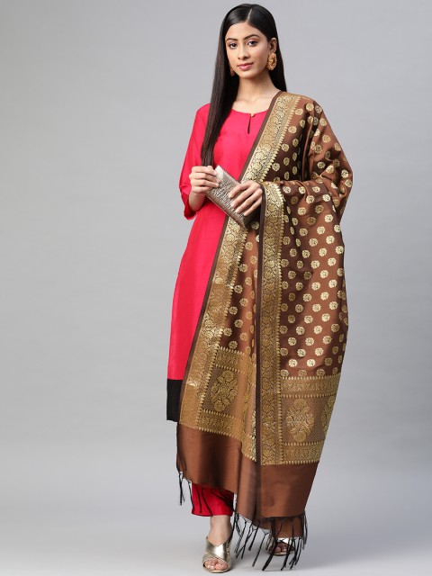 

BharatSthali Brown & Golden Ethnic Woven Design Banarasi Dupatta with Zari