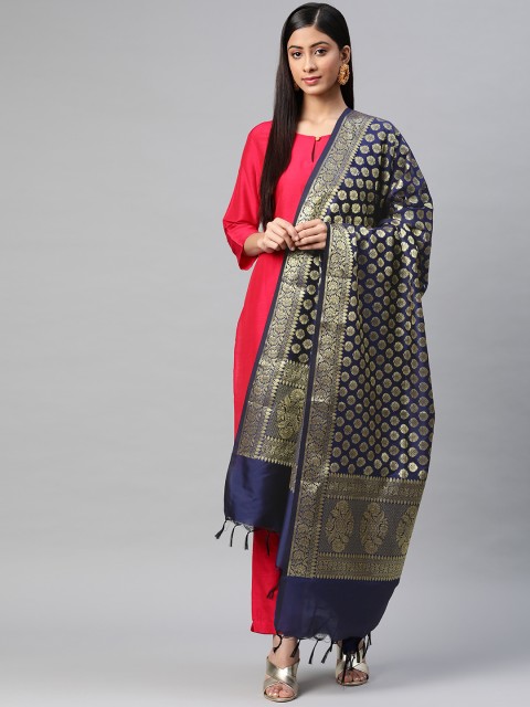 

BharatSthali Navy Blue & Golden Ethnic Woven Design Banarasi Dupatta with Zari