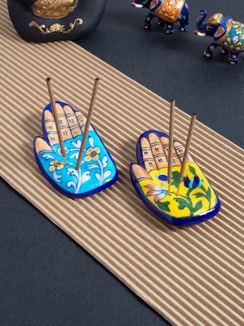 

Golden Peacock Set of 2 Blue & Yellow Pottery Ceramic Decorative Incense Stick Holder