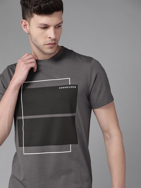 

Van Heusen Flex Men Charcoal Grey & Black Printed Active Fit T-shirt