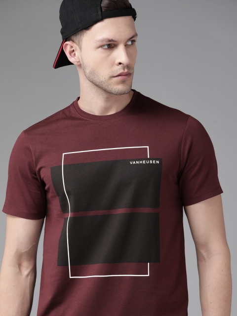 

Van Heusen Flex Men Maroon & Black Geometric Printed T-shirt