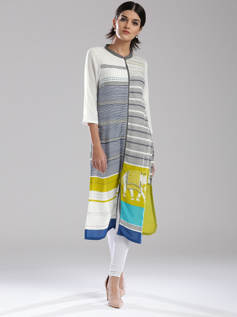 

W Women Off-White & Grey Striped Straight Kurta
