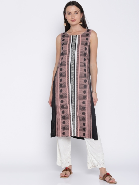 

W Women Pink & Black Woven Design Straight Kurta