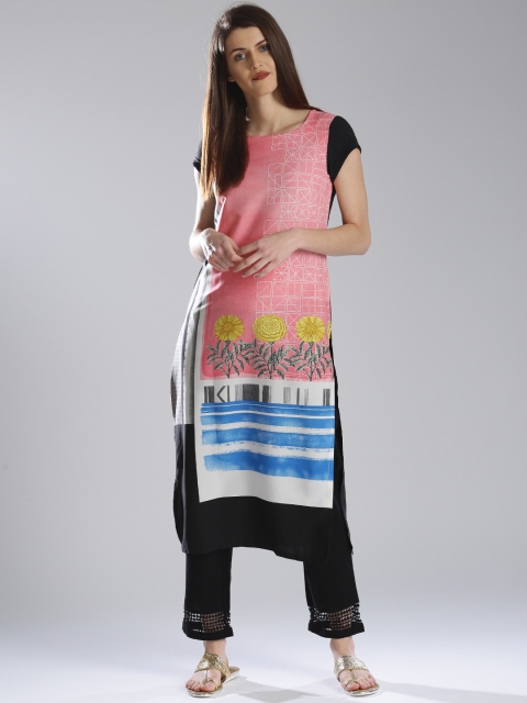 

W Women Pink & Black Printed Straight Kurta