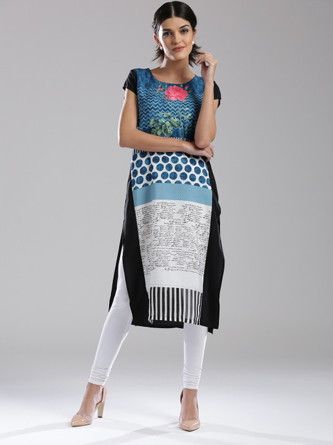 

W Women Blue & Black Printed Straight Kurta