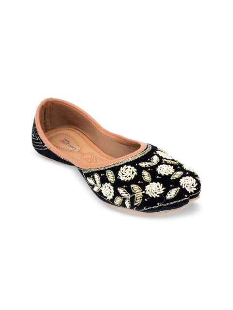 

DESI COLOUR Women Black & White Embellished Velvet Mojaris
