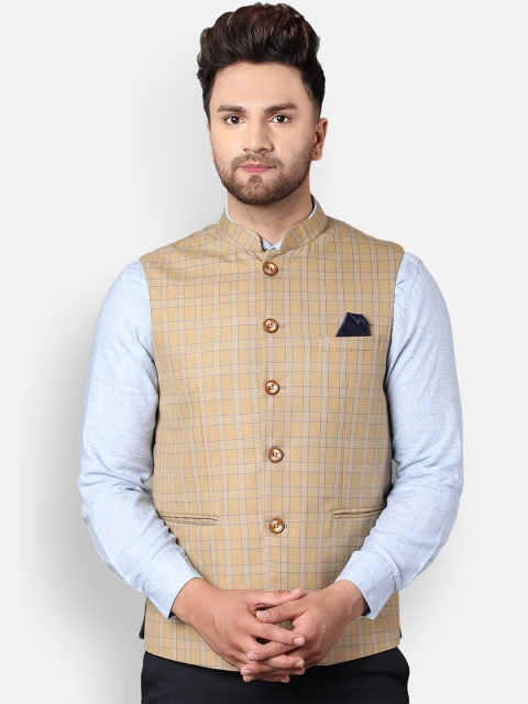 

Callino London Men Khaki Beige Checked Formal Waistcoat