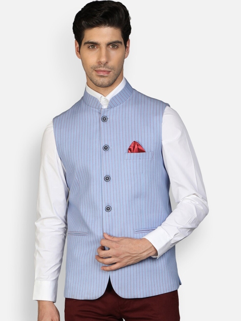 

Callino London Men Blue Striped Regular Fit Cotton Linen Waist Coat with a Pocket Square
