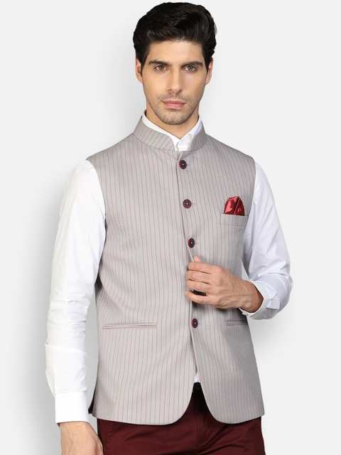 

Callino London Men Grey Striped Regular Fit Nehru Jacket with Pocket Square