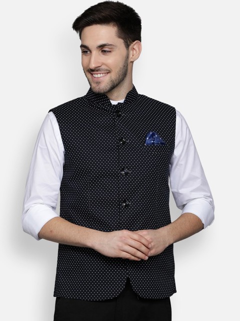 

Callino London Men Navy Blue & White Printed Bandhgala Waistcoat