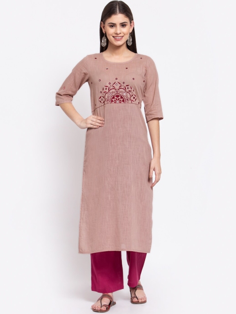 

SVARCHI Women Rose & Pink Embroidered Thread Work Pure Cotton Kurta with Palazzos