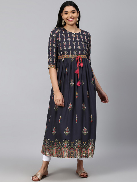 

TRUNDZ Women Navy Blue Geometric Checked Flared Sleeves Anarkali Kurta