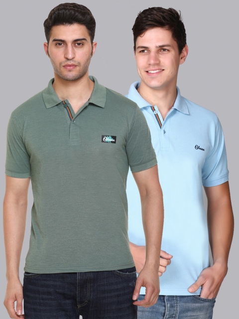 

Obaan Men Sage Green & Sky Blue Pack Of 2 Polo Collar Applique Cotton T-shirt