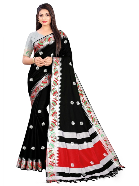 

VENISA Black & Silver-Toned Ethnic Motifs Zari Art Silk Saree