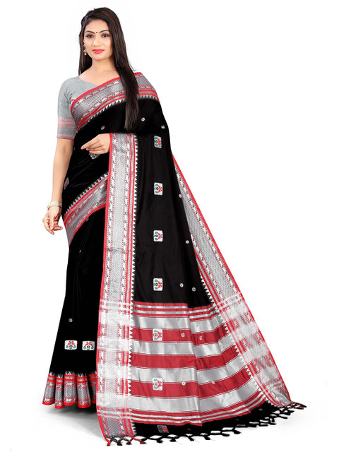 

VENISA Black & Grey Woven Design Zari Soft Silk Block Print Saree