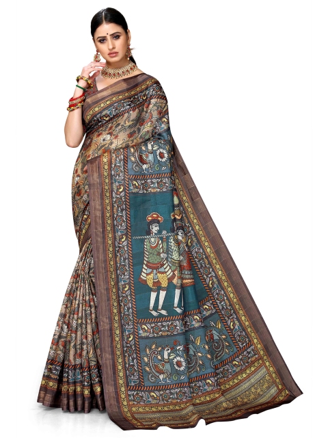 

VENISA Beige & Teal Blue Floral Zari Art Silk Saree