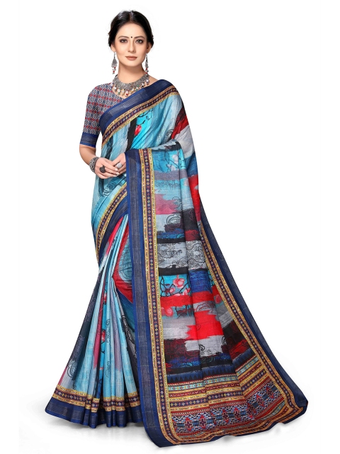 

VENISA Turquoise Blue & Red Printed Art Silk Saree