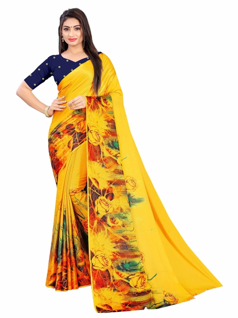 

VENISA Yellow & Navy Blue Floral Digital print Art Silk Bagh Saree