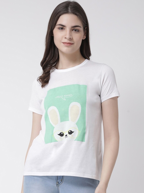 

Club York Women White & Green Printed Raw Edge T-shirt