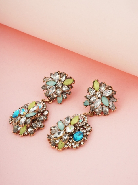 

Ferosh Green & Blue Crystal Teardrop Shaped Drop Earrings